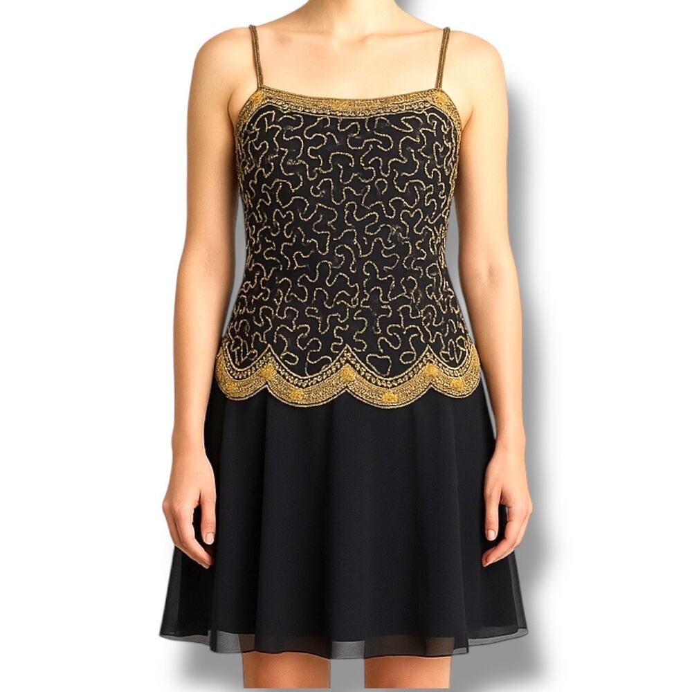 Vintage Beaded Black Gold Drop Waist Metallic Sequin Cocktail Dress Sleeveless 4
